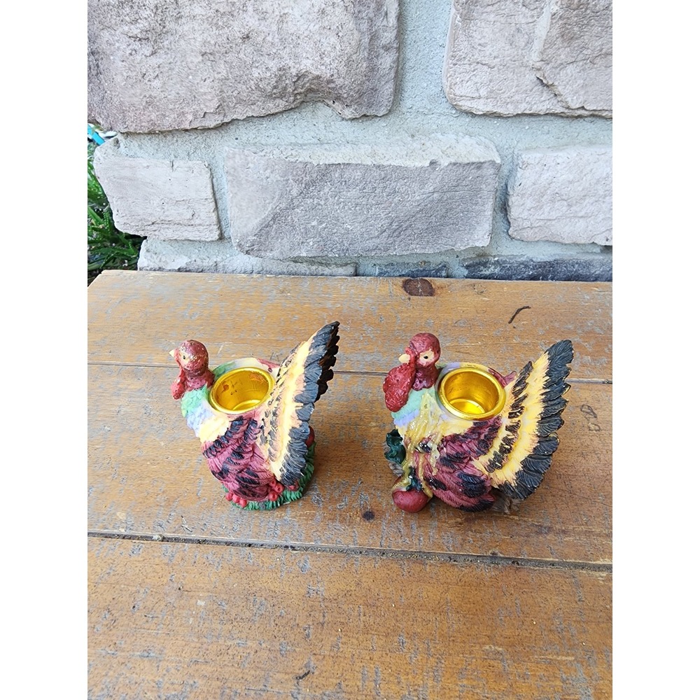 Vintage Turkey Candle Holders Pair Thanksgiving Colorful Fall Decor - Picture 6 of 7